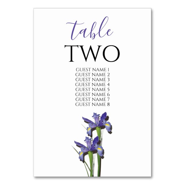 Elegant Lila Iris Wedding Guest Names Tischnummer (Vorderseite)