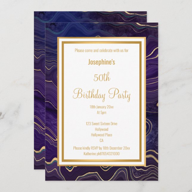 ELEGANT LILA LAVA MARBLE GEBURTSTAG EINLADUNG (Vorne/Hinten)