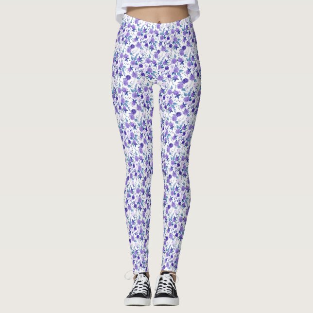 Elegant Lila Lilac Floral On White Leggings (Vorderseite)