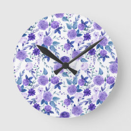 Elegant Lila Lilac Floral On White Runde Wanduhr