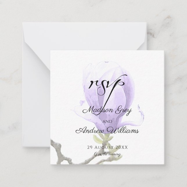 Elegant Lila Magnolia Wedding RSVP Mitteilungskarte (Vorderseite)