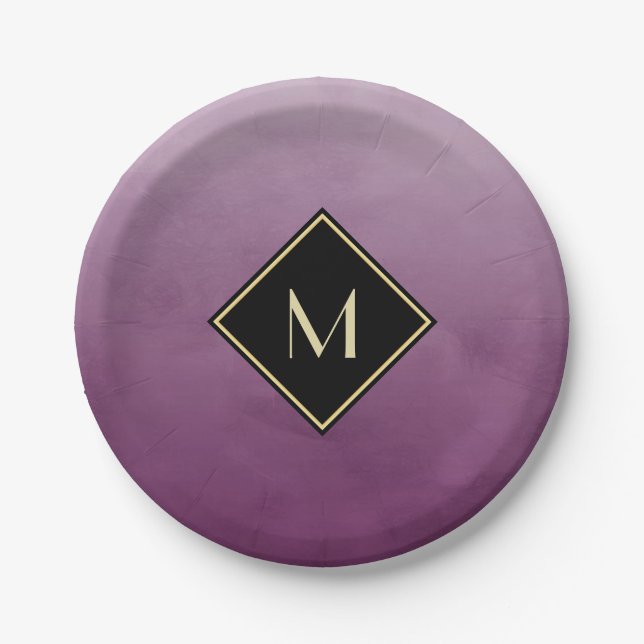 Elegant Lila mit einfachem Goldmonogramm Pappteller (Vorderseite)