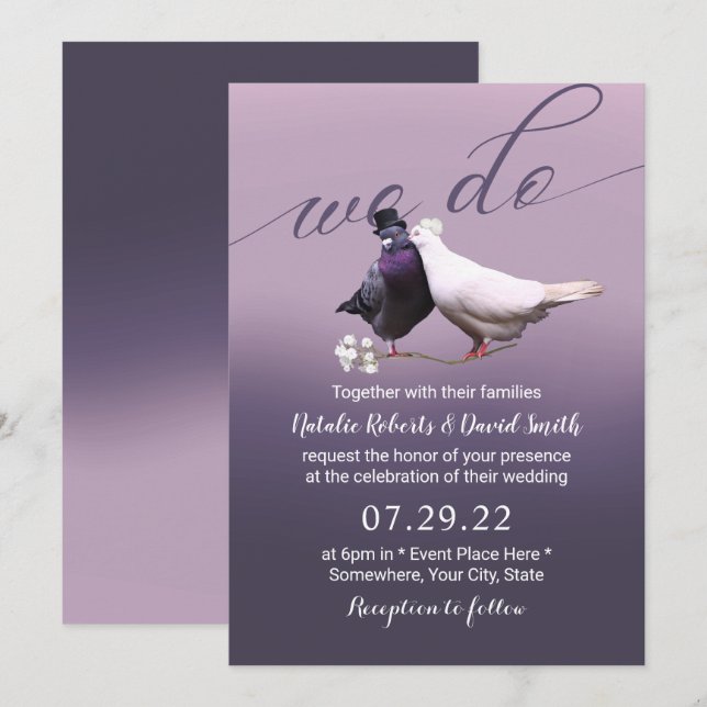 Elegant Lila Ombre We Lovebirds Hochzeit Einladung (Vorne/Hinten)