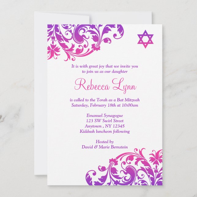 Elegant Lila Pink Blüh Bat Mitzvah Einladung (Vorderseite)