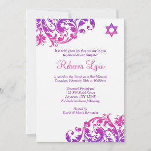 Elegant Lila Pink Blüh Bat Mitzvah Einladung