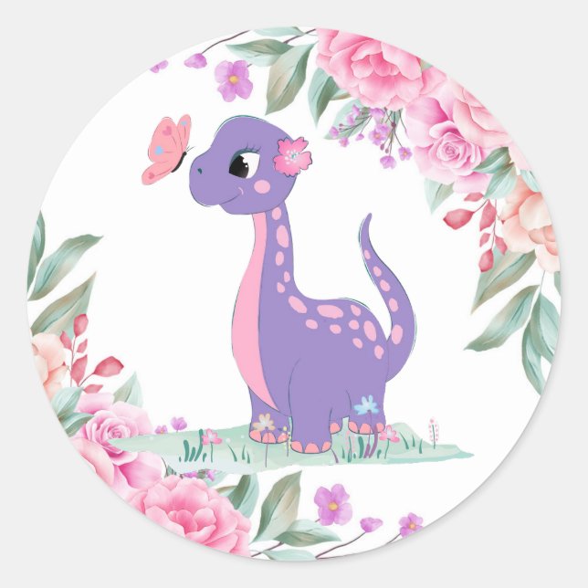 Elegant Lila Pink Dinosaur Butterfly Baby Dusche Runder Aufkleber (Vorderseite)