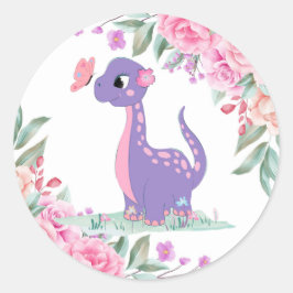Elegant Lila Pink Dinosaur Butterfly Baby Dusche Runder Aufkleber