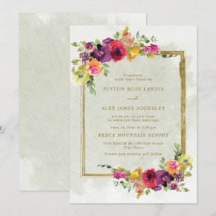 Elegant Lila Rot Floral Grün Blätter Gold Einladung