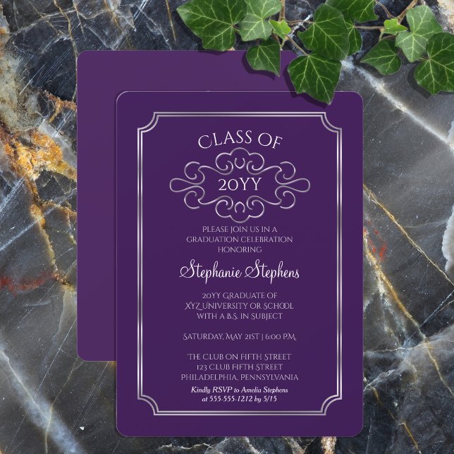 Elegant Lila | Silver Uni-Abschluss Party Einladung (Elegant Purple and Silver Tone College or University Graduation Announcement and Party Invitation)