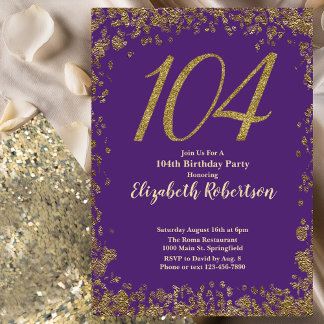 Elegant Lila und Gold 104. Geburtstag Einladung