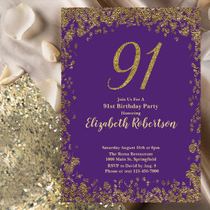 Elegant Lila und Gold 91. Geburtstag Einladung