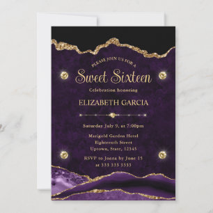 Elegant Lila und Gold Glitter Achat Sweet Sixteen Einladung