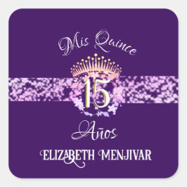 Elegant Lila und Gold Quinceñera Spanisch Quadratischer Aufkleber