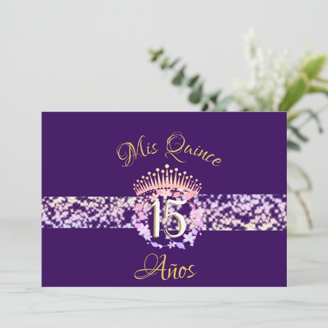 Elegant Lila und Gold Rustikal Quinceñera Spanisch (Stehend Vorderseite)