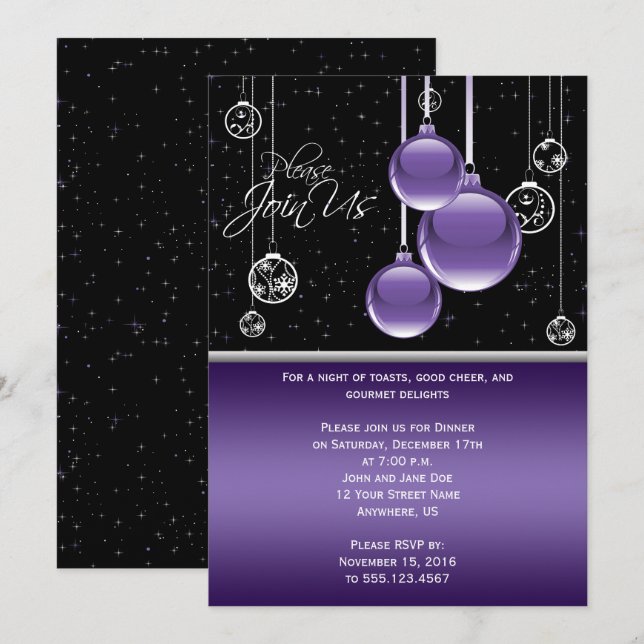 Elegant Lila und Silber auf schwarzem Party Einladung (Vorne/Hinten)