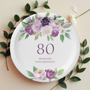 Elegant Lila Violet Floral 80. Geburtstag Pappteller
