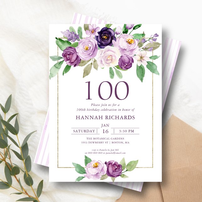 Elegant Lila | Violetflora 100. Geburtstag Einladung (Von Creator hochgeladen)