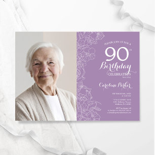 Elegant lila-weiße Blumen-Foto zum 90. Geburtstag Einladung
