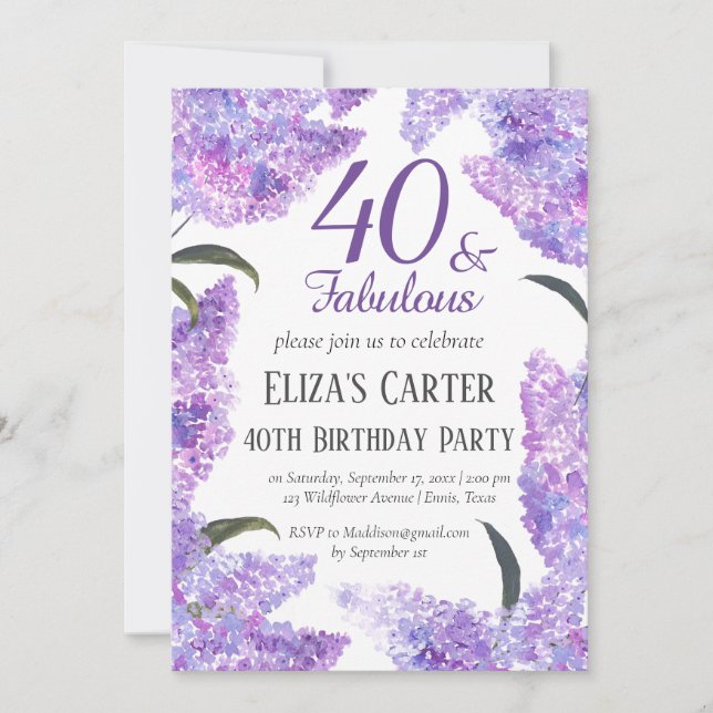 Elegant Lilac 40. Wildblume Geburtstag Einladung (Vorderseite)