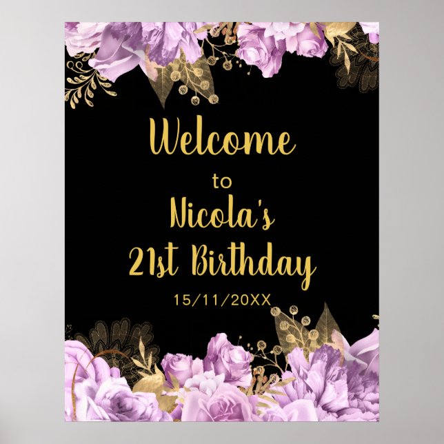 Elegant Lilac and Gold Flowers Birthday Party Poster (Vorne)