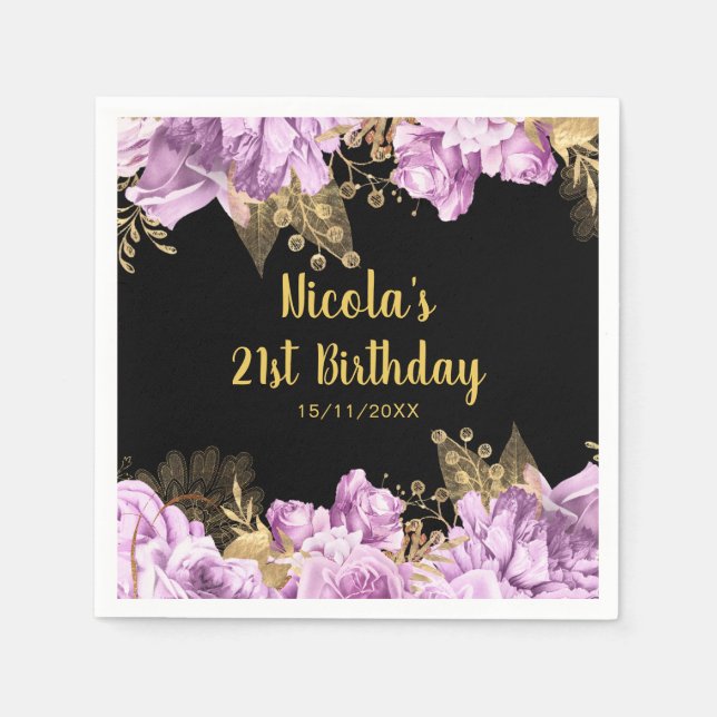 Elegant Lilac and Gold Flowers Birthday Party Serviette (Vorderseite)