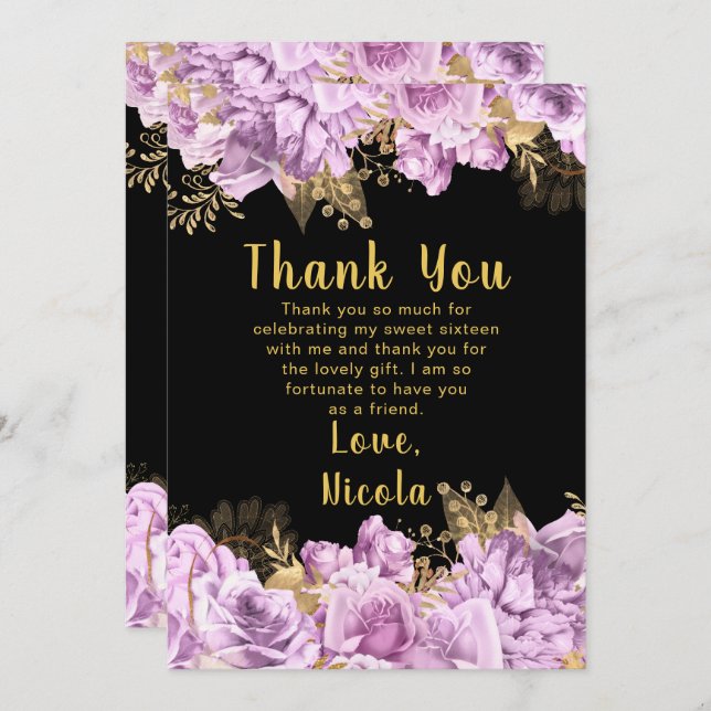 Elegant Lilac and Gold Flowers Sweet Sixteen Dankeskarte (Vorne/Hinten)