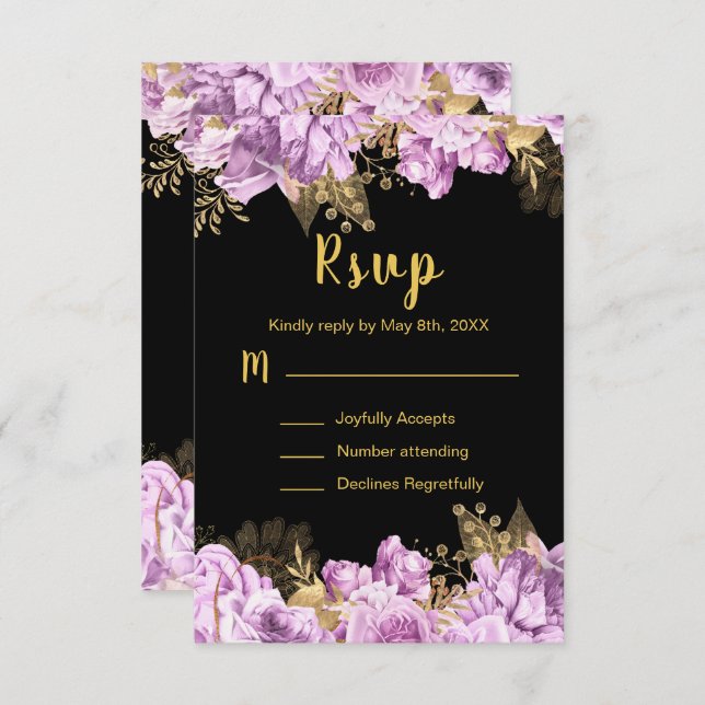 Elegant Lilac and Gold Flowers Sweet Sixteen RSVP Karte (Vorne/Hinten)