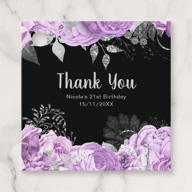 Elegant Lilac and Silver Flowers Birthday Party Geschenkanhänger (Vorderseite)