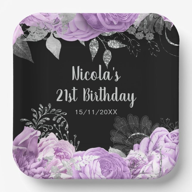Elegant Lilac and Silver Flowers Birthday Party  Pappteller (Vorderseite)