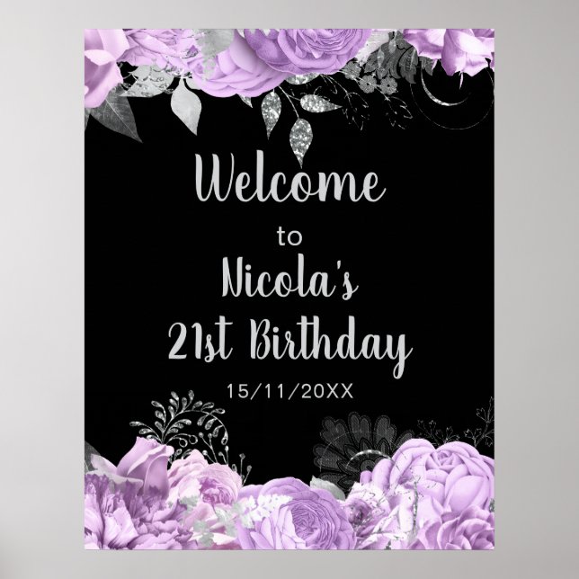 Elegant Lilac and Silver Flowers Birthday Party Poster (Vorne)