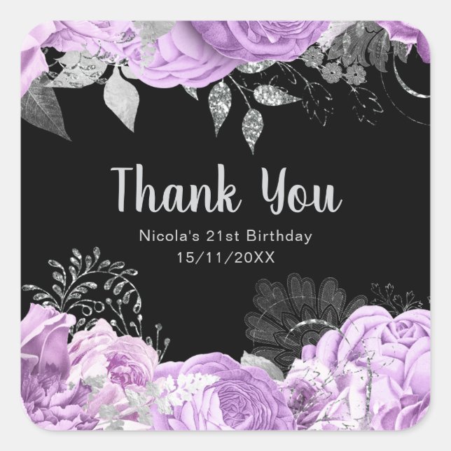 Elegant Lilac and Silver Flowers Birthday Party Quadratischer Aufkleber (Vorderseite)