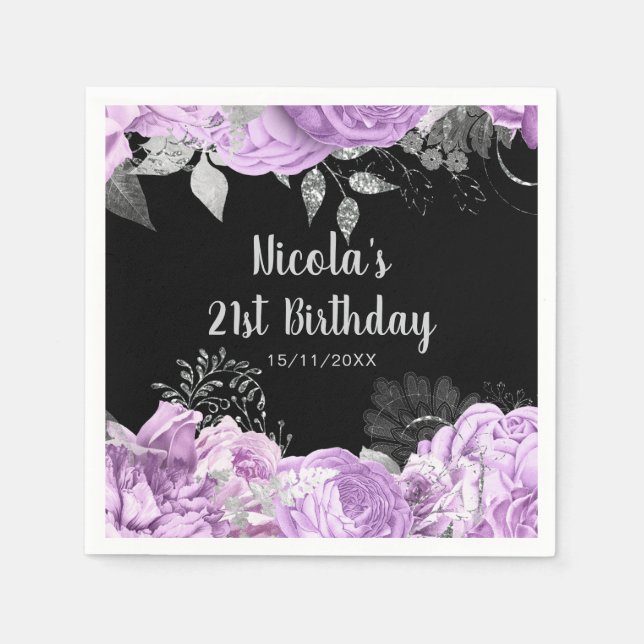 Elegant Lilac and Silver Flowers Birthday Party  Serviette (Vorderseite)