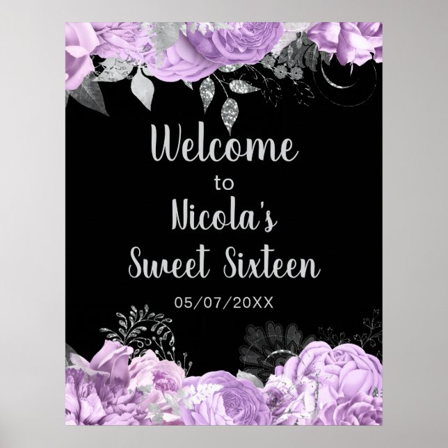 Elegant Lilac and Silver Flowers Sweet Sixteen Poster (Vorne)