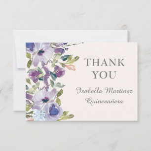 Elegant Lilac Blue Floral Horizontal Quinceañera Dankeskarte