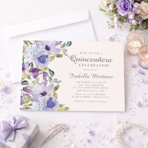 Elegant Lilac Blue Floral Horizontal Quinceañera Einladung