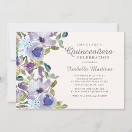 Elegant Lilac Blue Floral Horizontal Quinceañera Einladung