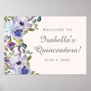 Elegant Lilac Blue Floral Quinceañera Willkommen Poster