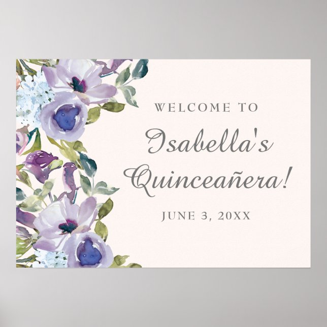 Elegant Lilac Blue Floral Quinceañera Willkommen Poster (Vorne)