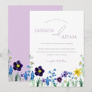 Elegant Lilac & Blue Wildblumen Hochzeit Einladung