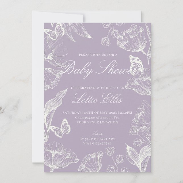 Elegant Lilac Boho Chic Floral Girl Baby Shower Einladung (Vorderseite)