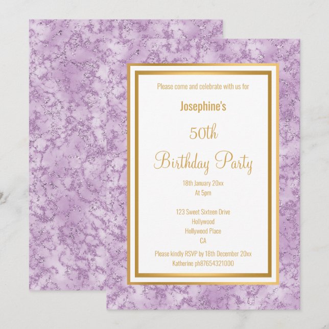ELEGANT LILAC BORDER MARBLE BIRTHDAY EINLADUNG (Vorne/Hinten)