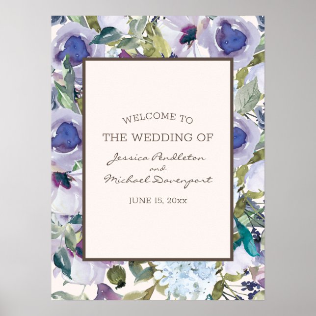 Elegant Lilac Dusty Blue Floral Wedding Willkommen Poster (Vorne)