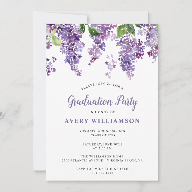 Elegant Lilac Floral Graduation Party Einladung (Vorderseite)