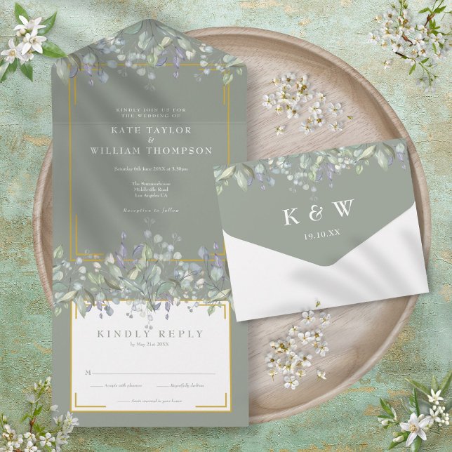 Elegant Lilac Foliage Sage Green Monogram Wedding All In One Einladung (Elegant Lilac Foliage Sage Green Monogram Wedding All In One Invitation)