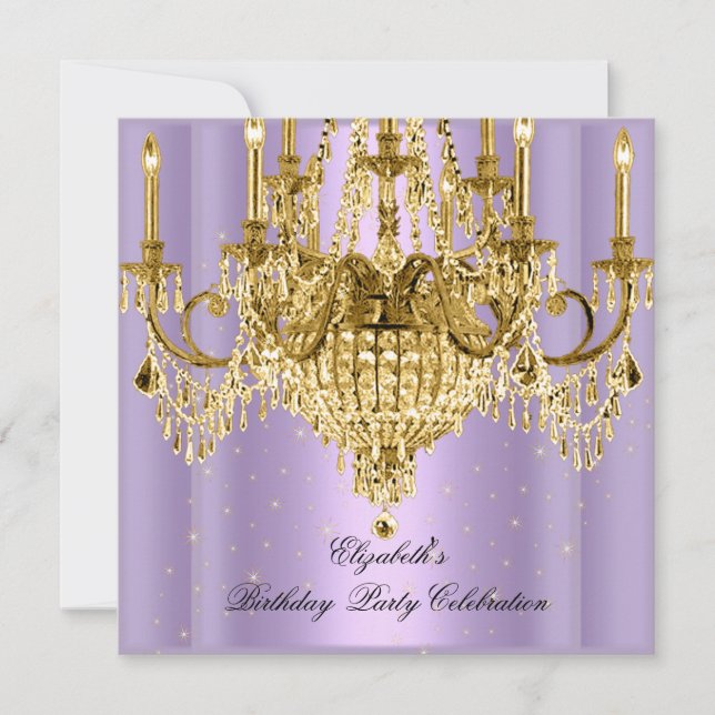 Elegant Lilac Gold Chandelier Geburtstagsparty Einladung (Vorderseite)