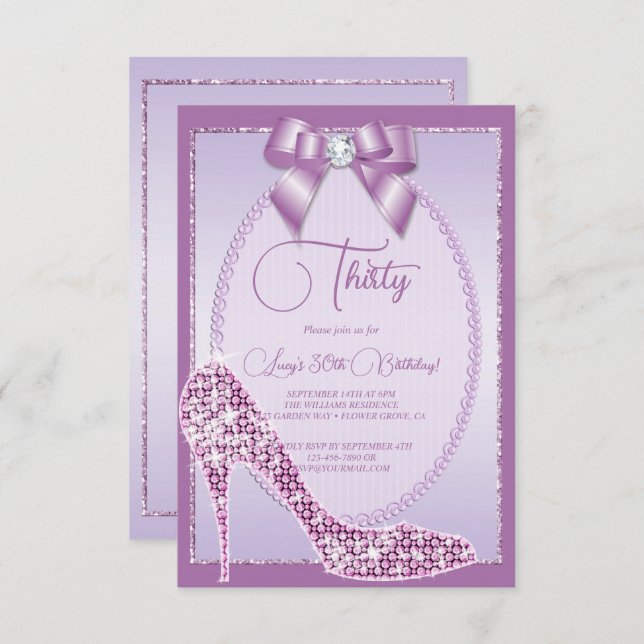 Elegant Lilac Jewel Bow & Stiletto Birthday Einladung (Vorne/Hinten)