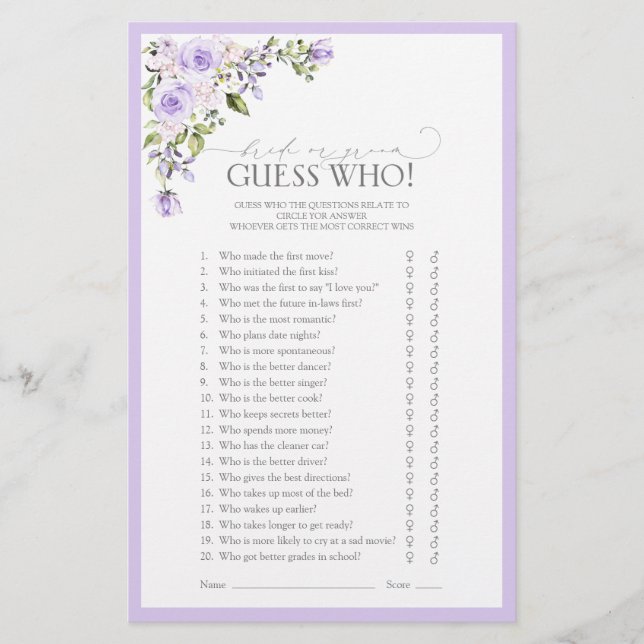 Elegant Lilac Lavender Floral Brautparty Game (Vorderseite)