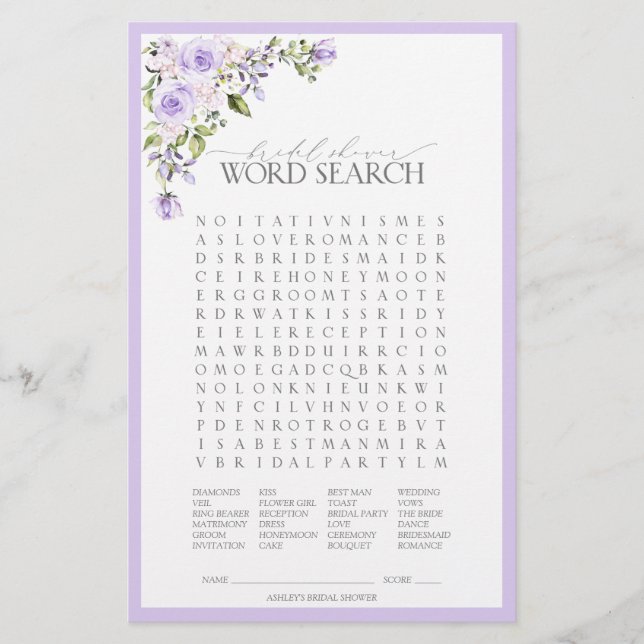 Elegant Lilac Lavender Floral Brautparty Game (Vorderseite)