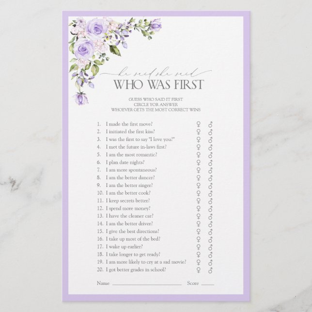 Elegant Lilac Lavender Floral Brautparty Game (Vorderseite)