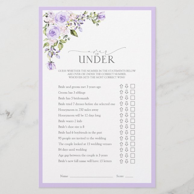 Elegant Lilac Lavender Floral Brautparty Game (Vorderseite)